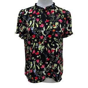Tahari Small Women’s Short Sleeve Blouse Black Floral Ruffles Button Up Top
